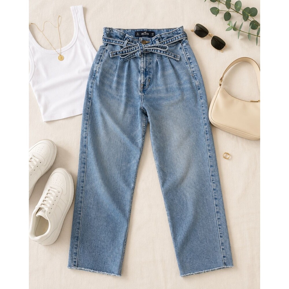 Hollister Curvy Ultra High Rise Mom Jeans 7S W28 L25 Tie Waist Raw Hem